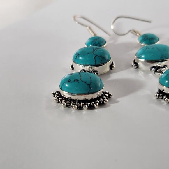 Turquoise Colored Gemstone Sterling Silver Dangle Earrings - Picture 5 of 10